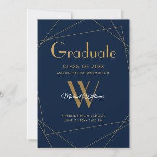 Modern Gold Blue Geometric Monogram Graduation Announcement