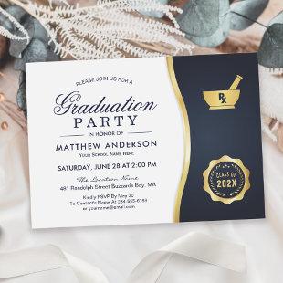Modern Gold Blue Pharmacy School Graduation Party Invitation