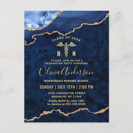 Modern Gold Blue RN Graduation Party Invitation Postcard