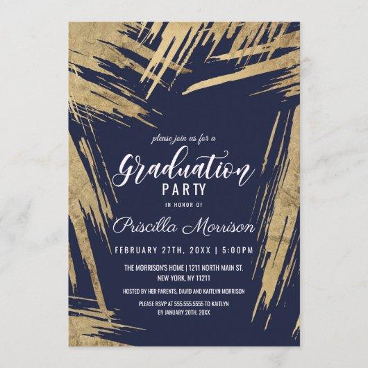Modern Gold Brushstrokes Navy Blue Chic Graduation Invitation