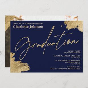 Modern gold calligraphy navy blue photo graduation invitation