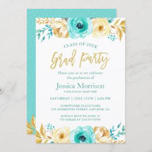 Modern Gold Floral Girly Graduation Party Photo Invitation