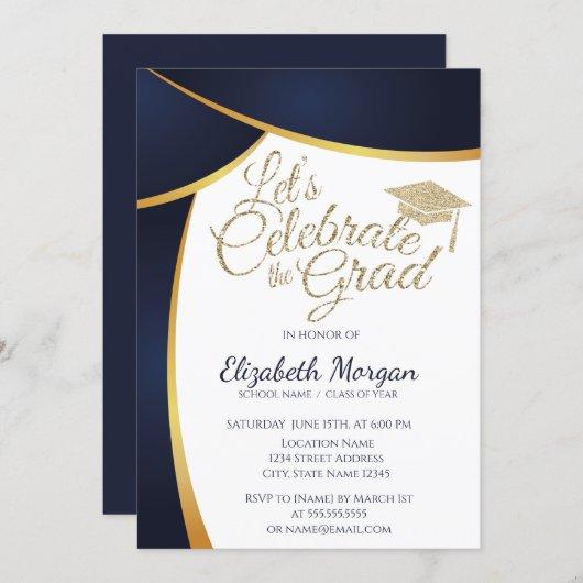 Modern Gold Glitter Graduation Cap,Blue Graduation Invitation
