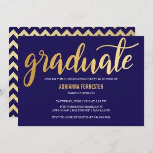 Modern Gold Graduate Typography Navy Blue Chevron Invitation