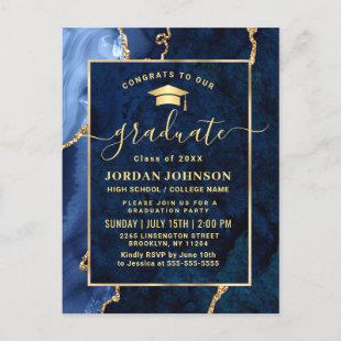 Modern Gold Navy Blue Graduation Party Invitation Postcard