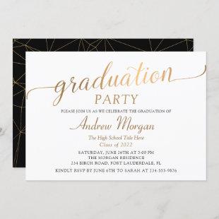 Modern Gold Script Black & White Graduation Party Invitation