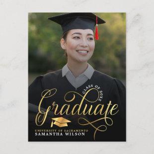 Modern Gold Script Photo Graduation Announcement Postcard
