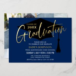 Modern Golden Black Graduation Party Photo Foil Invitation