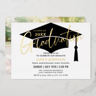 Modern Golden Black Graduation Party Photo Foil Invitation