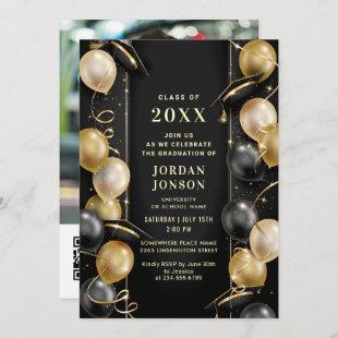 Modern Golden Black Graduation Party QR code Photo Invitation