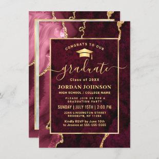 Modern Golden Burgundy Marble Graduation Party Invitation