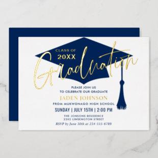 Modern Golden Navy Blue Graduation Party Foil Foil Invitation