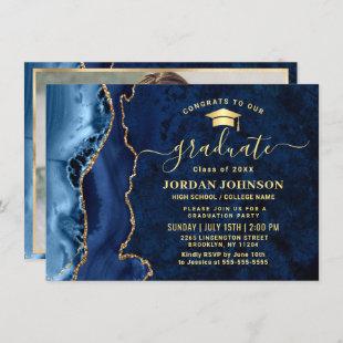 Modern Golden Navy Blue Marble Graduation Party Invitation