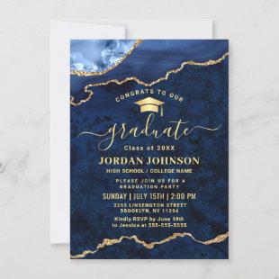 Modern Golden Navy Blue Marble Graduation Party  Invitation