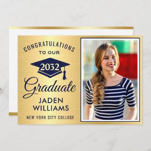 Modern Golden Navy Blue PHOTO Graduation Invitation