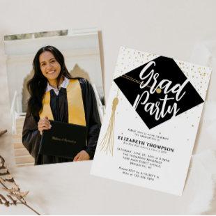 Modern GRAD Cap Black Gold Photo Graduation Party Invitation