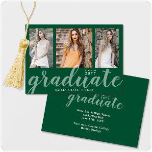 Modern Graduate 3-Photo Collage Green Graduation Announcement