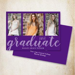 Modern Graduate 3-Photo Collage Purple Graduation Announcement