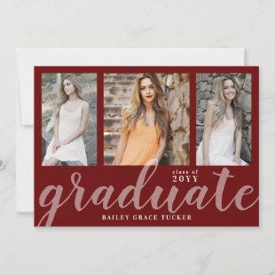 Modern Graduate 3-Photo Collage Red Graduation Announcement