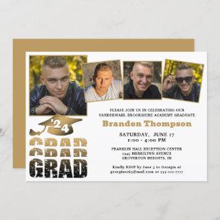 Modern Graduate 4 Photos Black Gold Gradient Invitation