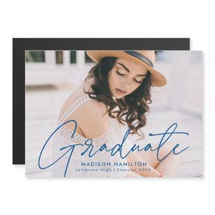 Modern Graduate Blue Script Photo Magnetic Invitation