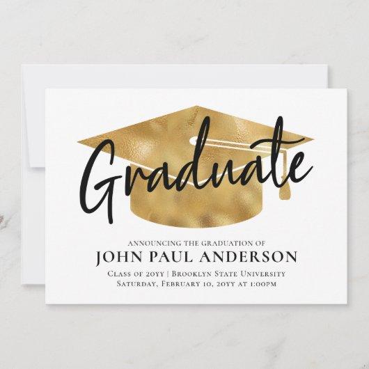 Modern Graduate Metallic Gold Grad Cap Graduation Announcement