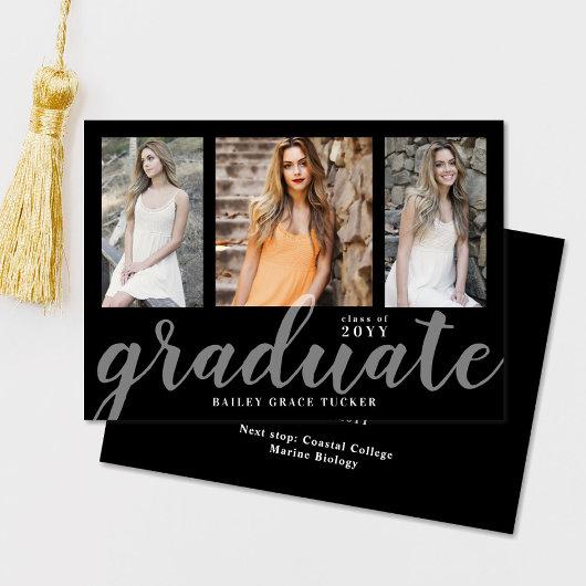Modern Graduate Script 3-Photo Collage Graduation Announcement