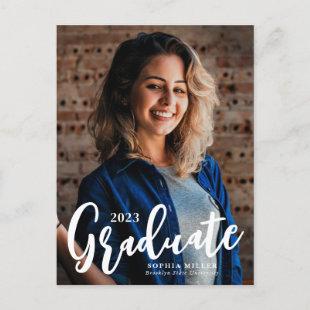 Modern Graduate Script Overlay 2 Photo Graduation  Announcement Postcard