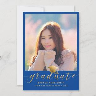 Modern Graduation 2 Photo Gold Script Cap on Blue Announcement