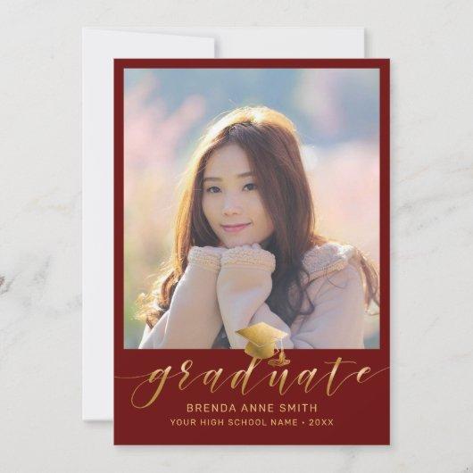 Modern Graduation 2 Photo Gold Script Cap on Red Announcement