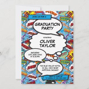 Modern Graduation Party Fun Blue Comic Book  Invitation