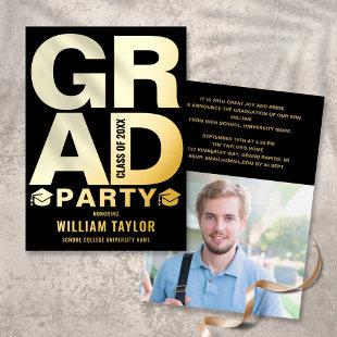 Modern Graduation Party Photo Black And Gold Foil Invitation