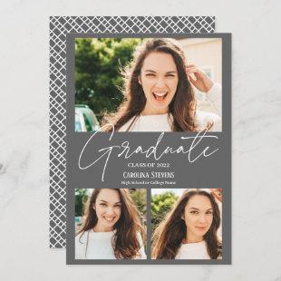 Modern gray 3 photos collage graduation announcement