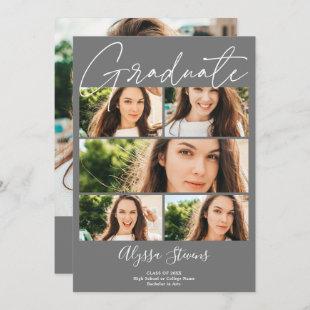 Modern gray 6 photos grid collage graduation announcement