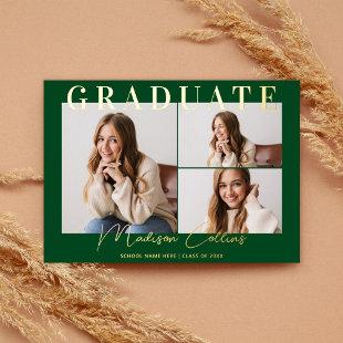 Modern Green 3 Photo Graduation Gold Foil Invitation