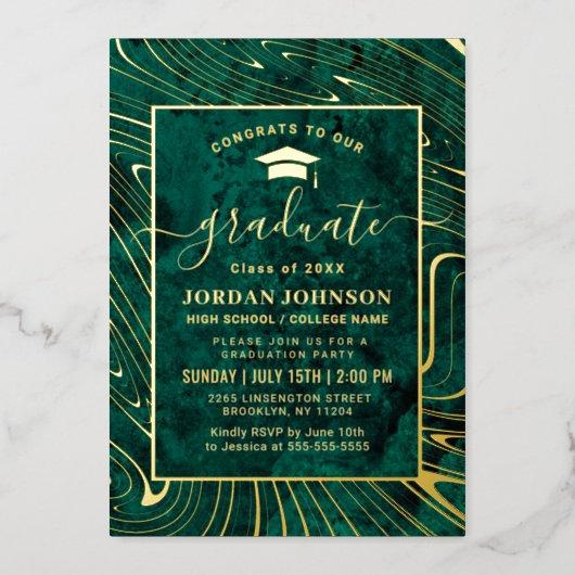 Modern Green Agate Marble Graduation Party Gold Foil Invitation
