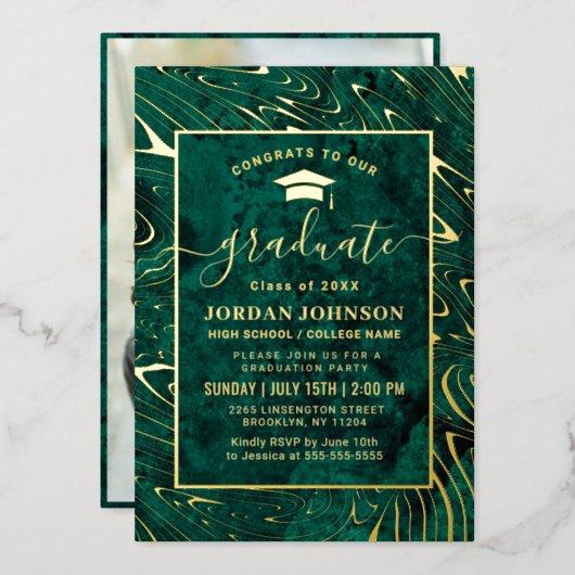 Modern Green Agate Marble Graduation Party Gold Foil Invitation