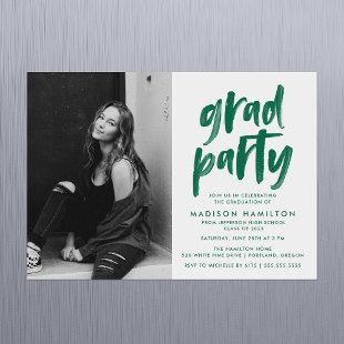Modern Green Brush Script Photo Graduation Party Magnetic Invitation