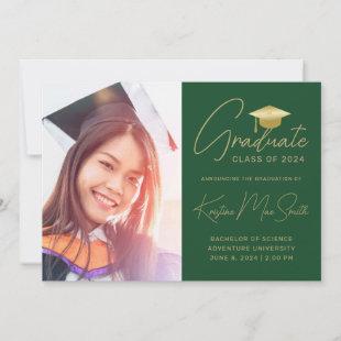 Modern Green Gold Script Photo College Graduation Announcement