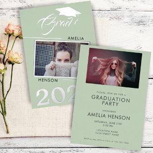 Modern Green Graduate 2 Photo Graduation Silver Foil Invitation