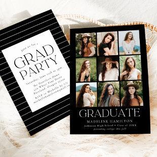 Modern Grid Black 9 Photo Collage Graduation Party Invitation