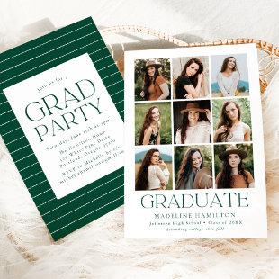 Modern Grid Green 9 Photo Collage Graduation Party Invitation