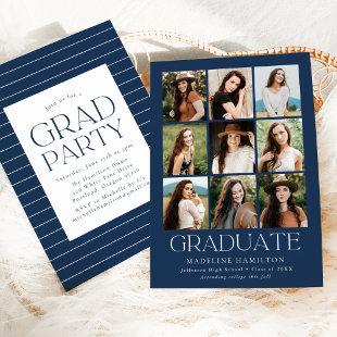 Modern Grid Navy 9 Photo Collage Graduation Party Invitation