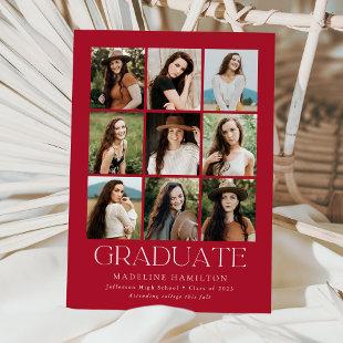 Modern Grid Red 9 Photo Collage Graduation Announcement