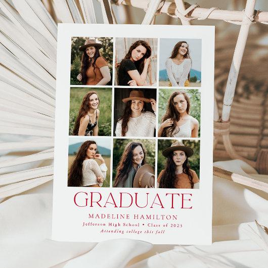 Modern Grid Red 9 Photo Collage Graduation Announcement