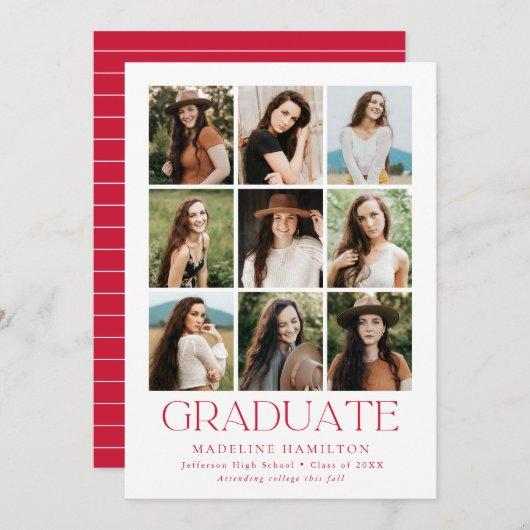 Modern Grid Red 9 Photo Collage Graduation Party Invitation