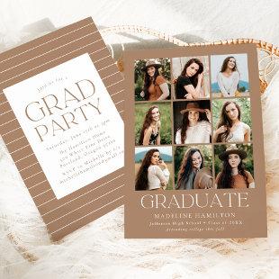 Modern Grid Tan 9 Photo Collage Graduation Party Invitation