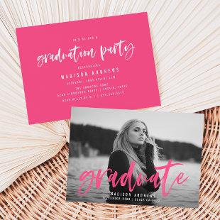 Modern Hot Pink Brush Script Graduation Party Invitation