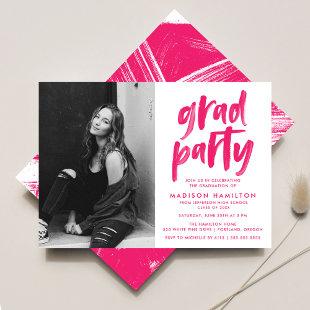 Modern Hot Pink Brush Script Photo Grad Party Invitation