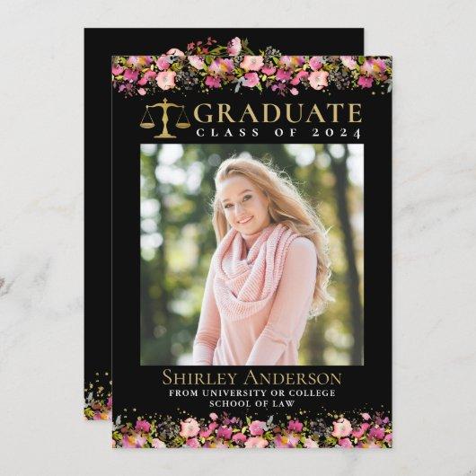 Modern Law School Graduation Pink Floral Photo  Invitation